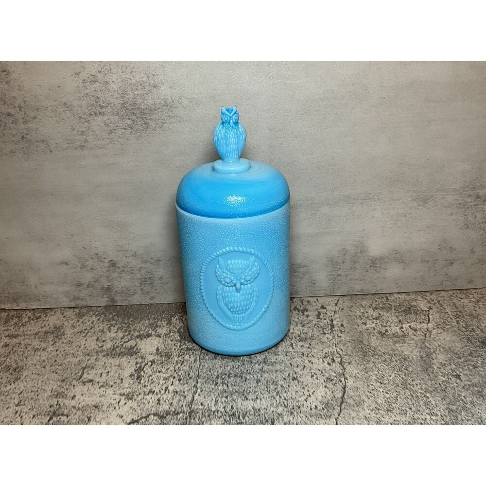 Textured Satin Blue Glass Owl Cameo 7" Lidded Apothecary Candy Jar Canister MCM